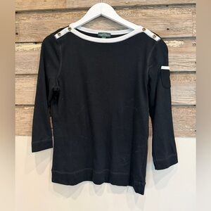 Black and White Button-Shoulder Knit Top by Ralph Lauren